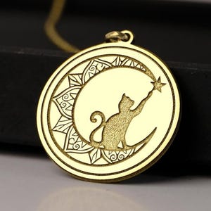 14K Gold Moon Cat Necklace – Celestial Cat on Crescent Moon, 925K Silver Mystic Jewelry, Gift for Cat Lovers & Dreamers