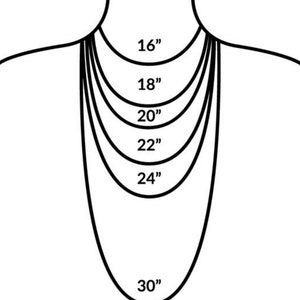May include: A diagram showing different chain lengths for necklaces, ranging from 16 inches to 30 inches.