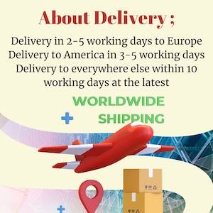 May include: A red airplane with white stripes flies over a map with a red pin and two brown boxes with a recycling symbol. The text reads "About Delivery; Delivery in 2-5 working days to Europe Delivery to America in 3-5 working days Delivery to everywhere else within 10 working days at the latest + WORLDWIDE SHIPPING".