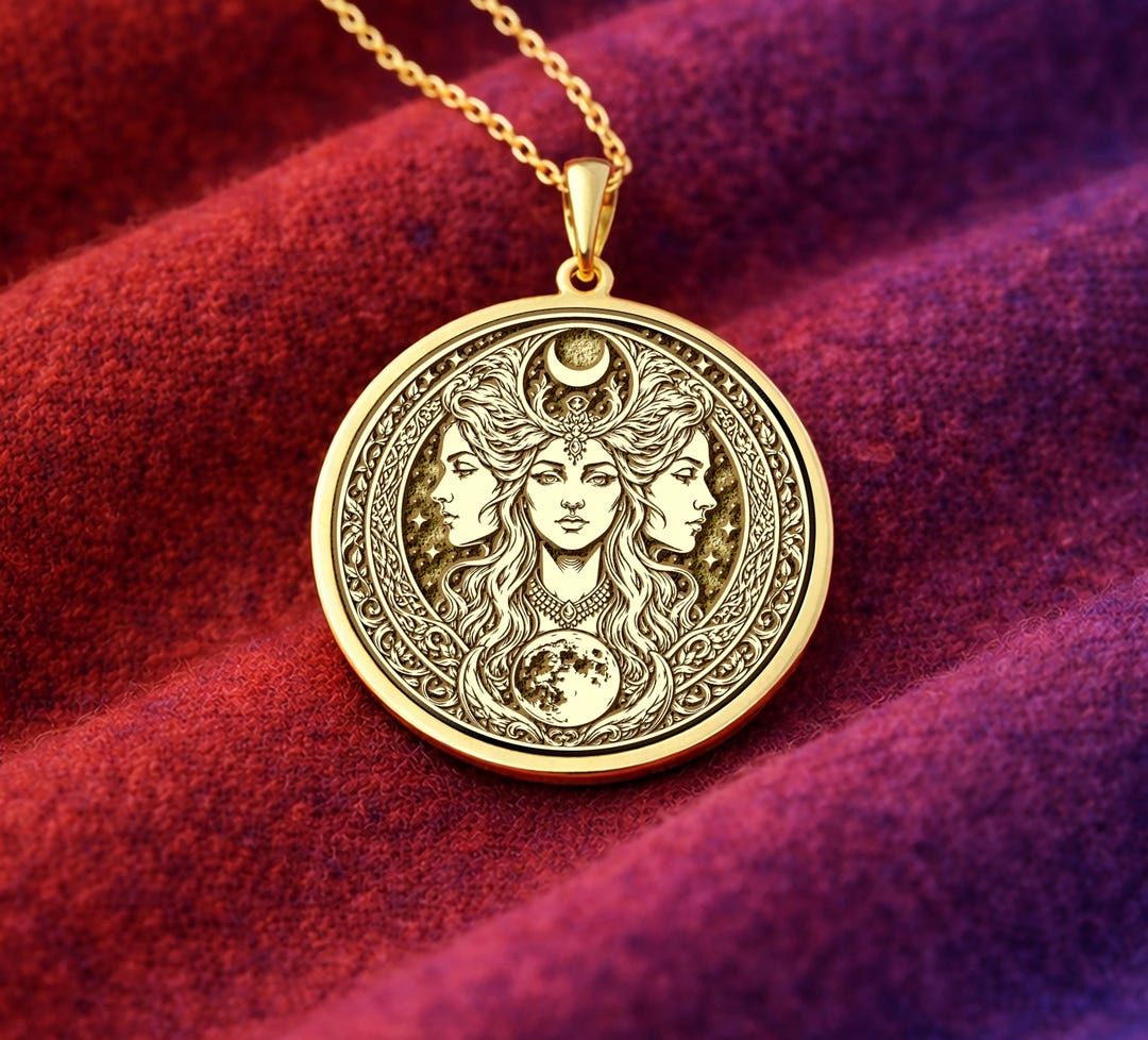 14K Gold Hecate Necklace - 925K Silver Triple Goddess Pendant - Moon ...