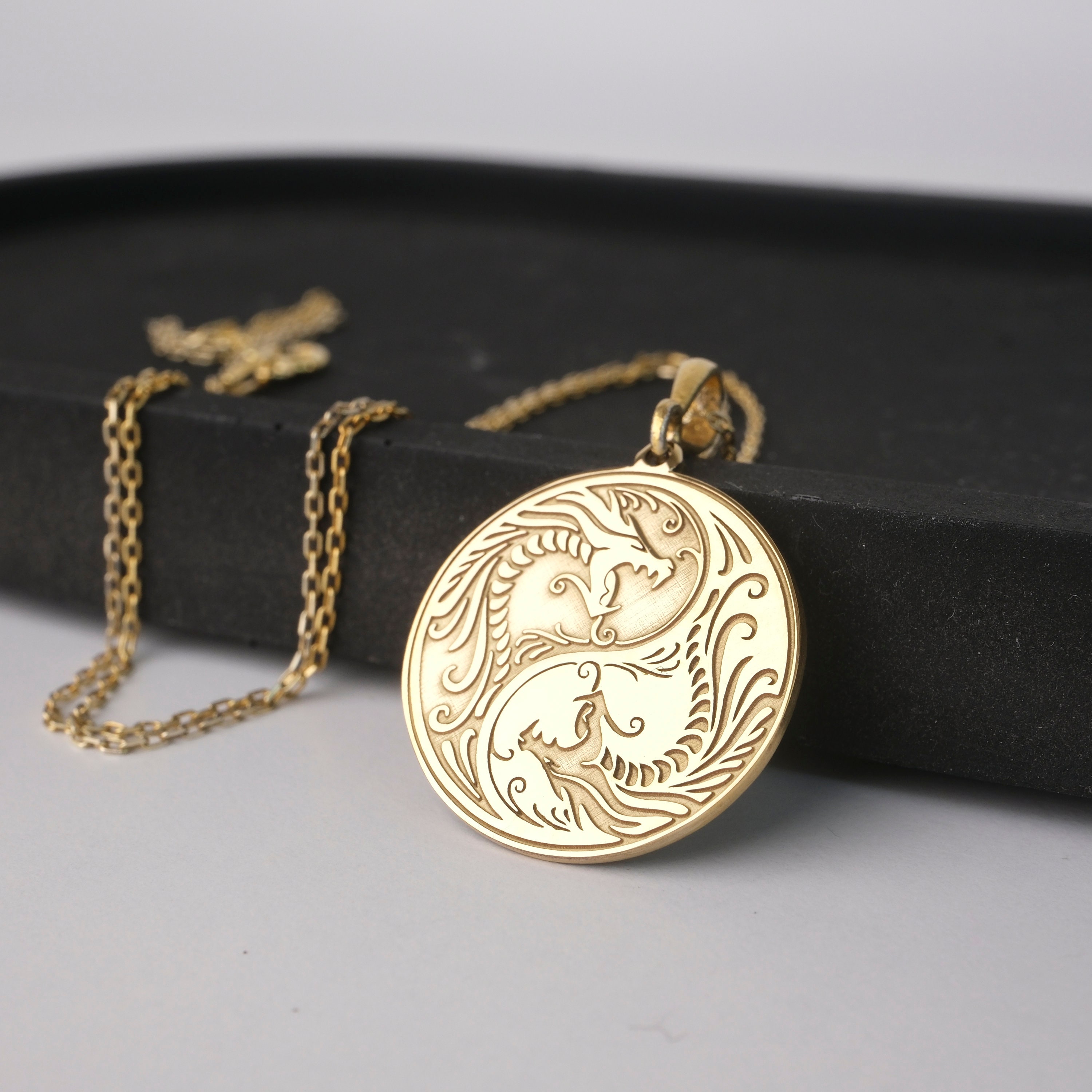 Yin Yang Dragon Pendant Necklace - 925 Sterling Silver / 14K Solid Gold - Symbol of Balance - Unique Gift - Mystical Amulet