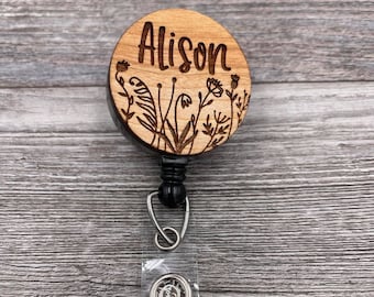 Simple Wildflower Badge with Name, Custom Badge Reel, Retractable Badge Reel, Work Badge, Work ID, Personalized Badge, Co Worker Gift