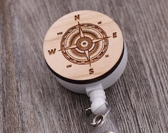 Compass Rose: Custom Engraved Wood Retractable Badge Reel