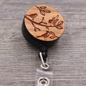 Birds and Branches: Custom Engraved Wood Retractable Badge Reel
