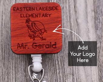Square School Logo and Name, Education, Teacher: Custom Engraved Wood Retractable Badge Reel