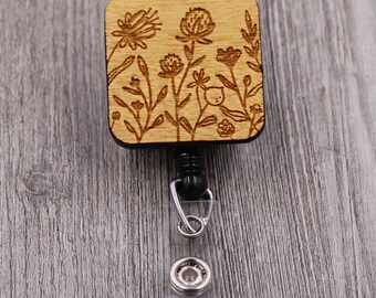 Square Garden Flowers: Custom Engraved Wood Retractable Badge Reel