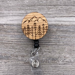 Mountains and Pine Trees Badge Reel, Custom ID Badge, Retractable Badge Reel, Work Badge, Work ID, Personalized Badge, Co Worker Gift