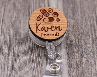 Cursive Name Pharmacist Badge Reel, Pharmacy Tech, Pharmacy, Medical, Custom ID Badge, Retractable Badge Reel, Work ID, Personalized Badge