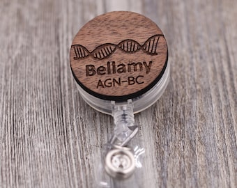 DNA Helix and Name, Healthcare: Custom Engraved Wood Retractable Badge Reel
