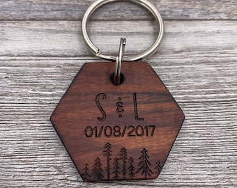 Pine Trees, Initials, Important Date (Hexagon): Personalized Wood Keychain