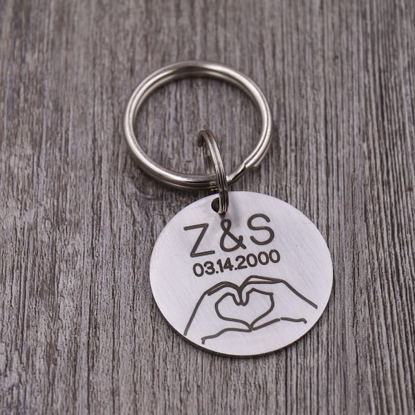 Heart Hands Keychain, Initials, Important Date, Love, Stainless Steel Keychain, Personalized Keychain, Customized, Gift for Him/Her/Them