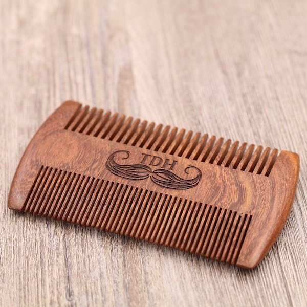 Mustache & Initials Personalized Wood Comb, Pocket Comb, Beard Care, Beard Grooming, Mustache Care, Sandalwood Comb, Baby Comb, Gift