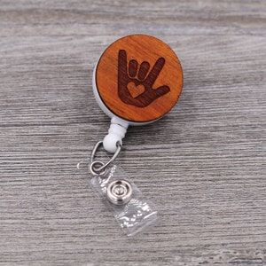 ASL (American Sign Language) I Love You Sign: Custom Engraved Wood Retractable Badge Reel
