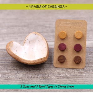 3 Pairs Minimalist Wood stud earrings, Small Natural Wood earrings, Women&#39;s earrings, Men&#39;s earrings, Unisex Earrings, Rustic Tiny Earrings