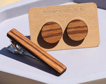 Zebrawood: Custom Engraved Wood Cufflinks and Tie Clip Set