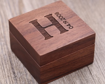 Initial and Date: Personalized Walnut Wood Ring Box