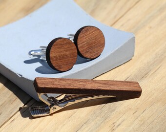 Walnut: Custom Engraved Wood Cufflinks and Tie Clip Set