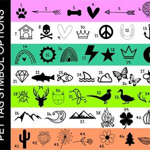 K&ouml;nnte beinhalten: Ein Diagramm mit 47 verschiedenen Symbol-Optionen f&uuml;r Haustier-Anh&auml;nger. Die Symbole sind schwarzwei&szlig; und beinhalten einen Pfotenabdruck, einen Knochen, ein Herz, eine Krone, ein Peace-Zeichen, ein Hufeisen, einen Anker, einen Regenbogen, einen Blitz, einen Stern, einen Mond, einen Diamanten, einen Fisch, einen Hai, einen Schmetterling, eine Biene, einen Marienk&auml;fer, einen Hirsch, eine Katze, einen Kolibri, einen Vogel, eine Ente, einen Berg, eine Welle, ein Lagerfeuer, ein Kleeblatt, einen Kaktus, einen Kaktus, eine Blume, einen Baum und ein Blatt.