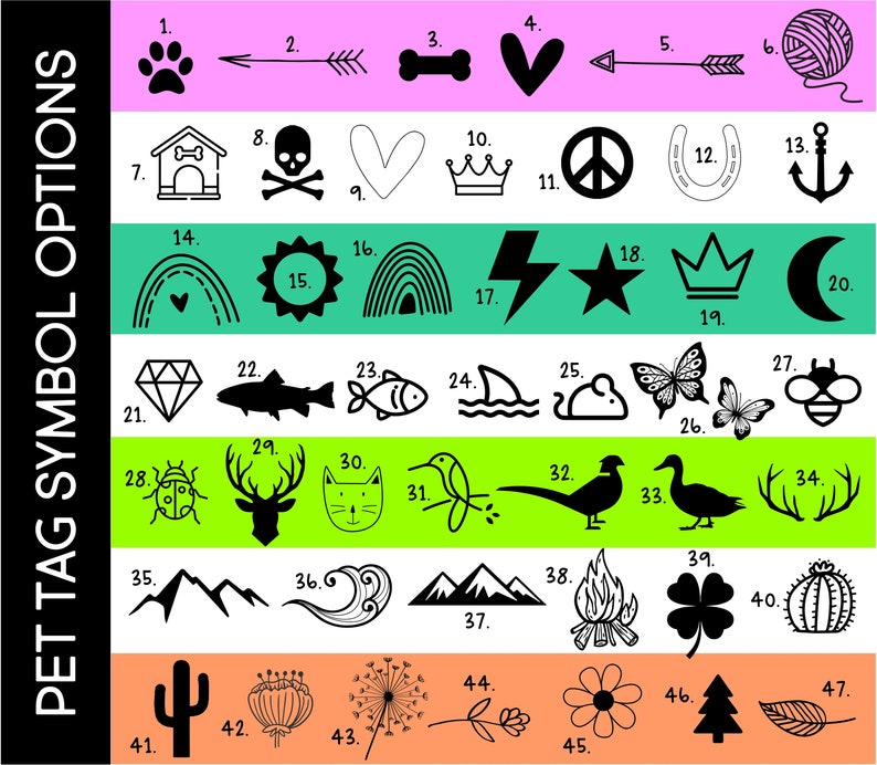 K&ouml;nnte beinhalten: Ein Diagramm mit 47 verschiedenen Symbol-Optionen f&uuml;r Haustier-Anh&auml;nger. Die Symbole sind schwarzwei&szlig; und beinhalten einen Pfotenabdruck, einen Knochen, ein Herz, eine Krone, ein Peace-Zeichen, ein Hufeisen, einen Anker, einen Regenbogen, einen Blitz, einen Stern, einen Mond, einen Diamanten, einen Fisch, einen Hai, einen Schmetterling, eine Biene, einen Marienk&auml;fer, einen Hirsch, eine Katze, einen Kolibri, einen Vogel, eine Ente, einen Berg, eine Welle, ein Lagerfeuer, ein Kleeblatt, einen Kaktus, einen Kaktus, eine Blume, einen Baum und ein Blatt.