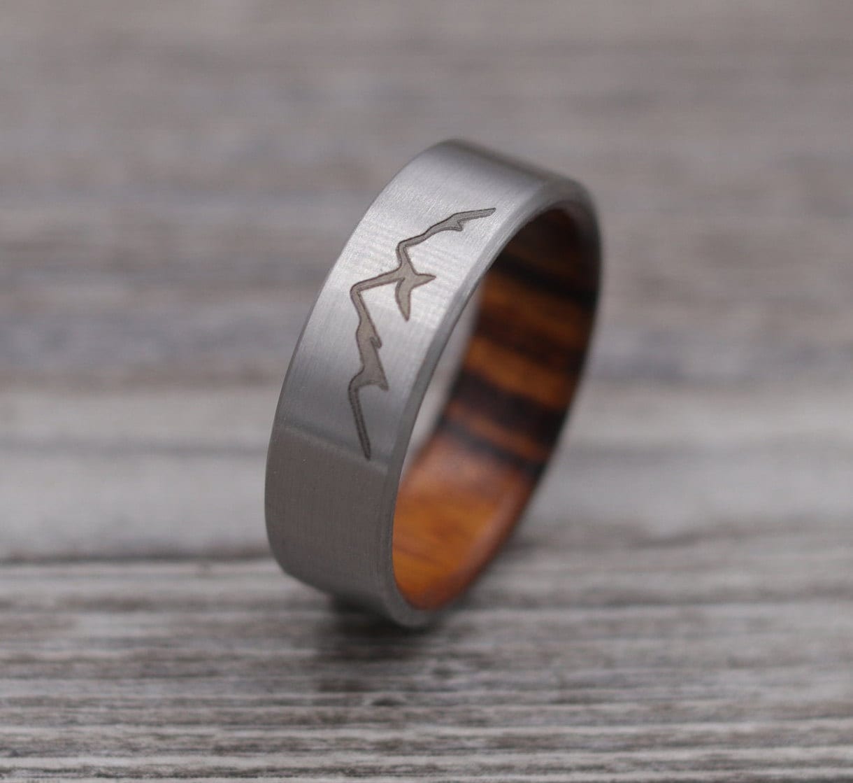 Mountain Engraved Desert Ironwood Titanium Ring