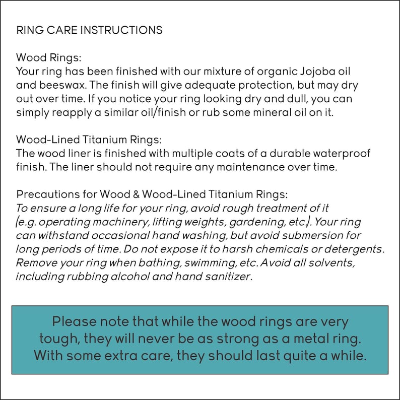 May include: Ring care instructions text on a white background. The text details care for wood and wood-lined titanium rings, including oiling, avoiding harsh chemicals, and submersion. A teal box at the bottom provides additional care advice.