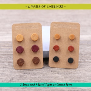 6 Pairs Minimalist Wood stud earrings, Small Natural Wood earrings, Women&#39;s earrings, Men&#39;s earrings, Unisex Earrings, Rustic Tiny Earrings