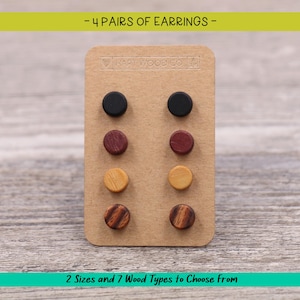 4 Pairs Minimalist Wood stud earrings, Small Natural Wood earrings, Women&#39;s earrings, Men&#39;s earrings, Unisex Earrings, Rustic Tiny Earrings