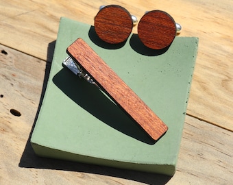 Brazilian Cherry: Custom Engraved Wood Cufflinks and Tie Clip Set