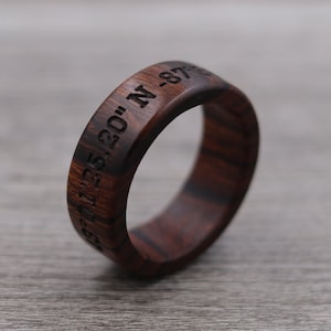 Coordinates Engraving - Engraved Ring - Custom Ring - Personalized Ring - Wedding Ring - Wooden Ring - Mens Jewelry - 5 Year Anniversary