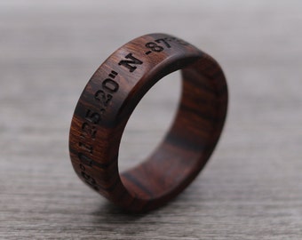 Desert Ironwood Ring with Coordinates, Important Place: Custom Engraved Wood Ring, Band