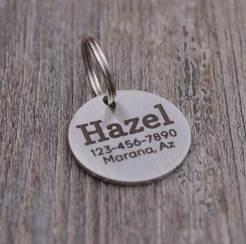 K&ouml;nnte beinhalten: Silbernes Hundehalsband mit dem Namen "Hazel" sowie Telefonnummer und Adresse: 123-456-7890, Marana, Az.