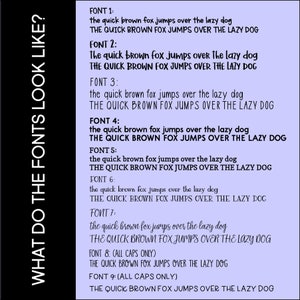 K&ouml;nnte beinhalten: Ein hellvioletter Hintergrund mit neun verschiedenen Schriftarten, die den Satz "the quick brown fox jumps over the lazy dog" anzeigen. Jede Schriftart ist mit einer Nummer von 1 bis 9 gekennzeichnet.