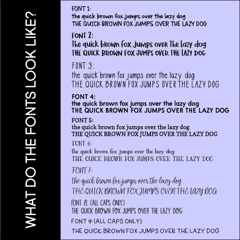 K&ouml;nnte beinhalten: Ein hellvioletter Hintergrund mit neun verschiedenen Schriftarten, die den Satz "the quick brown fox jumps over the lazy dog" anzeigen. Jede Schriftart ist mit einer Nummer von 1 bis 9 gekennzeichnet.