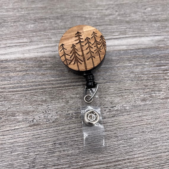 Pine Trees: Custom Engraved Wood Retractable Badge Reel
