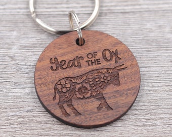 Year of the Ox, Chinese Zodiac Keychain, Chinese New Year, Zodiac Gift, Personalized Keychain, Custom Wood Keychain, Small Gift