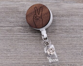 Peace Sign: Custom Engraved Wood Retractable Badge Reel