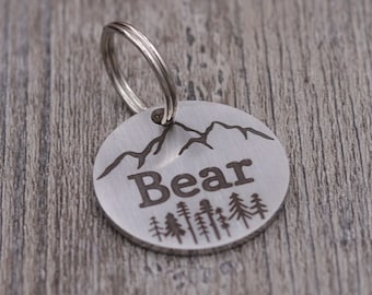 Mountains, Trees, and Pet Info: Personalized Stainless Steel or Aluminum Pet ID Tag