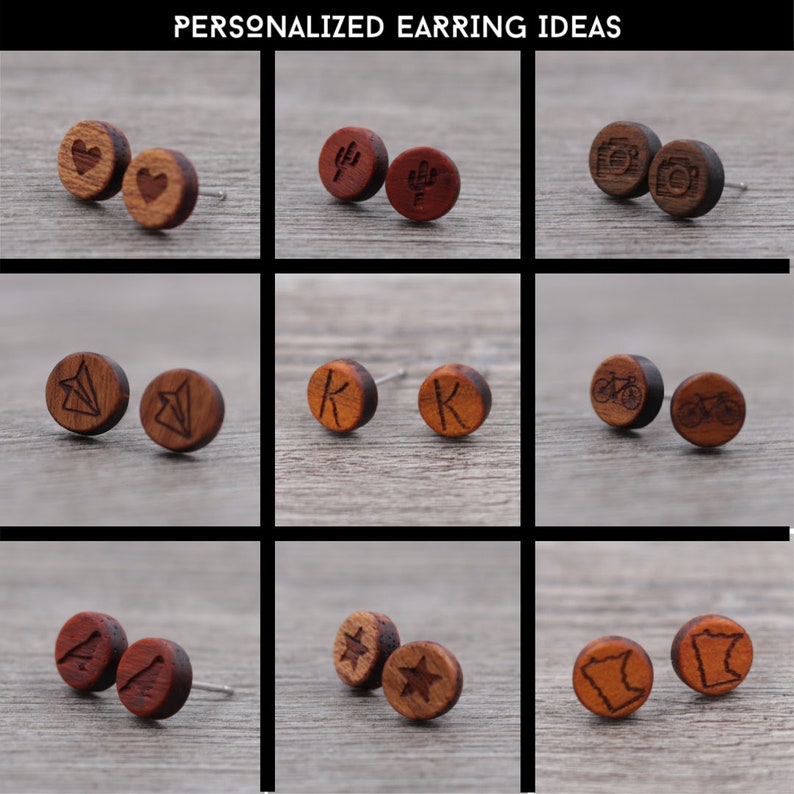 Wood earrings Unisex earrings 3 pairs of wood earrings 8 mm studs 7 mm studs 9 mm studs Mens earrings Wood stud earrings