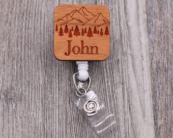 Square Mountains, Pine Trees, and Name: Custom Engraved Wood Retractable Badge Reel