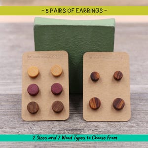 5 Pairs Minimalist Wood stud earrings, Small Natural Wood earrings, Women&#39;s earrings, Men&#39;s earrings, Unisex Earrings, Rustic Tiny Earrings