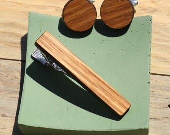 White Oak: Custom Engraved Wood Cufflinks and Tie Clip Set