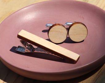 Maple: Custom Engraved Wood Cufflinks and Tie Clip Set