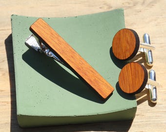 Osage Orange: Custom Engraved Wood Cufflinks and Tie Clip Set