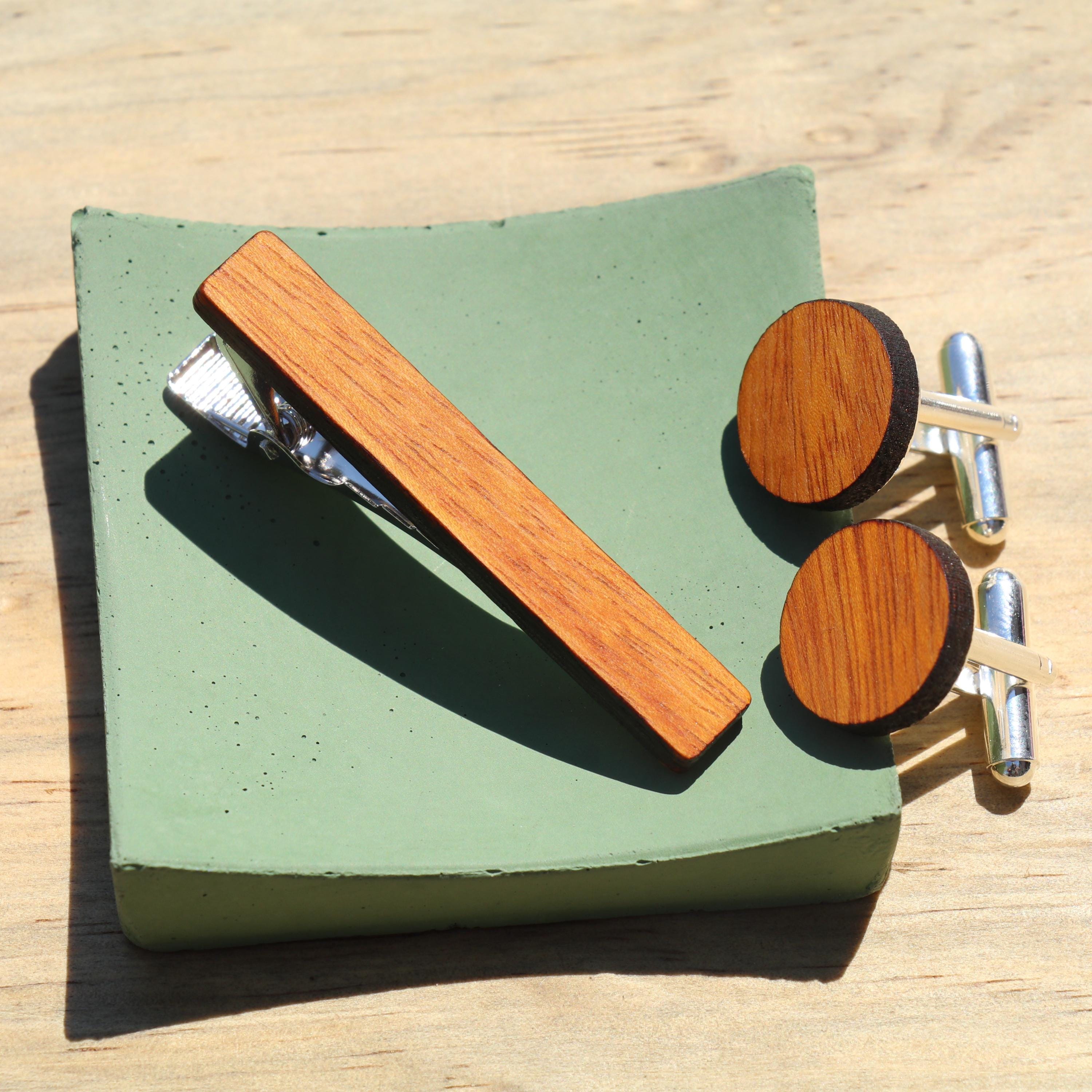 Osage Orange: Custom Engraved Wood Cufflinks and Tie Clip Set