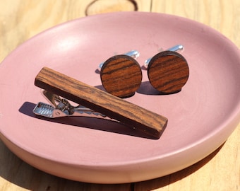 Bocote: Personalized Wood Cufflinks and Tie Clip Set
