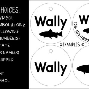 K&ouml;nnte beinhalten: Drei Beispiele f&uuml;r personalisierte Haustier-ID-Tags mit dem Namen "Wally" und einem Fischsymbol. Das erste Tag enth&auml;lt den Namen, das Symbol und die Telefonnummer. Das zweite Tag enth&auml;lt den Namen, das Symbol und den Text "Mikrochip". Das dritte Tag enth&auml;lt nur den Namen und das Symbol.