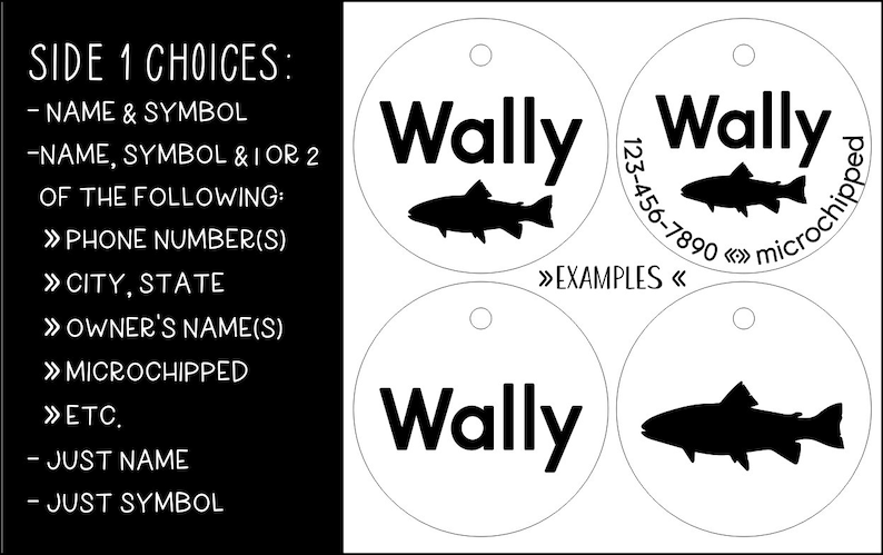 K&ouml;nnte beinhalten: Drei Beispiele f&uuml;r personalisierte Haustier-ID-Tags mit dem Namen "Wally" und einem Fischsymbol. Das erste Tag enth&auml;lt den Namen, das Symbol und die Telefonnummer. Das zweite Tag enth&auml;lt den Namen, das Symbol und den Text "Mikrochip". Das dritte Tag enth&auml;lt nur den Namen und das Symbol.