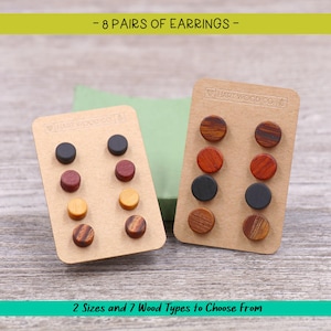 8 Pairs Minimalist Wood stud earrings, Small Natural Wood earrings, Women&#39;s earrings, Men&#39;s earrings, Unisex Earrings, Rustic Tiny Earrings