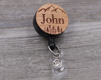 Mountains, Pine Trees, and Printed Name: Custom Engraved Wood Retractable Badge Reel