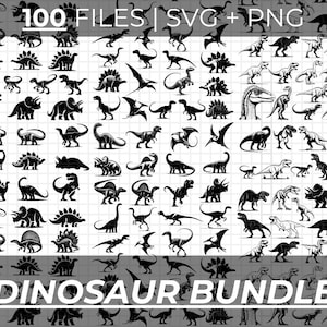 以下が含まれることがあります： さまざまなポーズの黒い恐竜のシルエットのコレクション。T-Rex、トリケラトプス、ステゴサウルスなど。画像には「100 FILES | SVG + PNG」と「DINOSAUR BUNDLE」というテキストが含まれています。